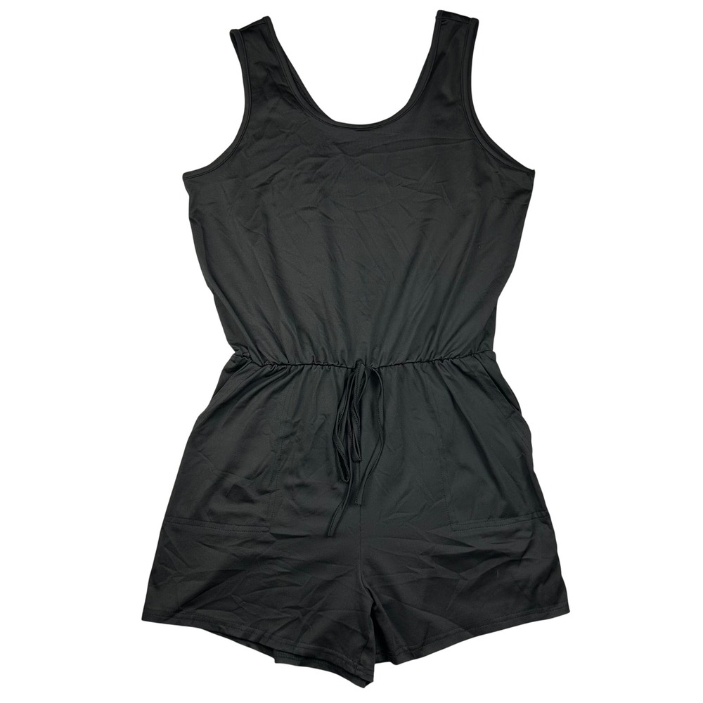 Black Sleeveless Drawstring Waist Pocket Romper Medium Scoop Neck Casual Shorts